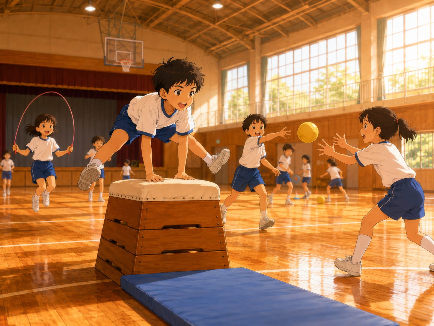 体育館で運動する子どもたち